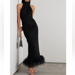 Oseree Black Feather-Hem Maxi Dress